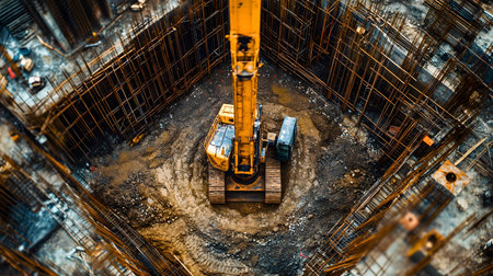 Construction site with crane, excavator, and scaffolding. design for building and development projects top view.の写真素材