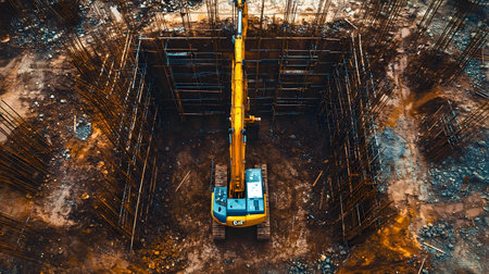 Construction site with crane, excavator, and scaffolding. design for building and development projects top view.の写真素材