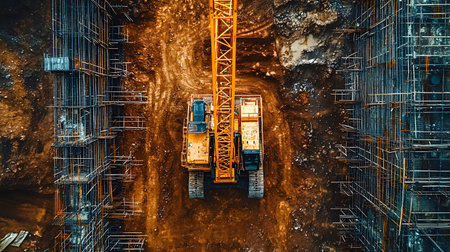 Construction site with crane, excavator, and scaffolding. design for building and development projects top view.の写真素材