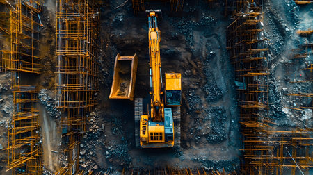 Construction site with crane, excavator, and scaffolding. design for building and development projects top view.の写真素材