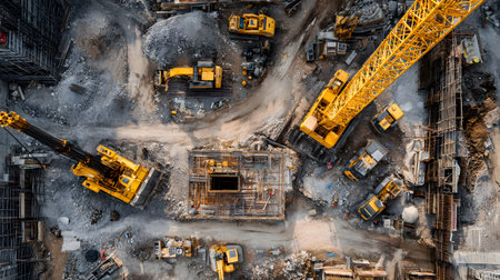 Construction site with crane, excavator, and scaffolding. design for building and development projects top view.の写真素材