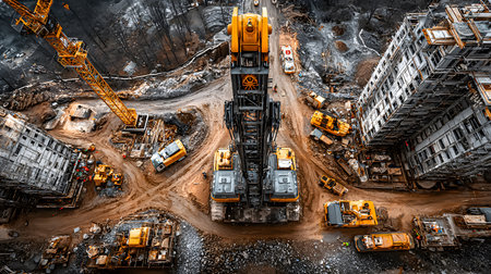 Construction site with crane, excavator, and scaffolding. design for building and development projects top view.の写真素材