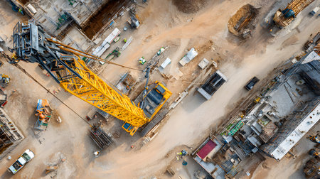 Construction site with crane, excavator, and scaffolding. design for building and development projects top view.の写真素材