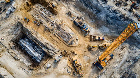 Construction site with crane, excavator, and scaffolding. design for building and development projects top view.の写真素材
