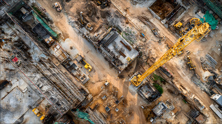 Construction site with crane, excavator, and scaffolding. design for building and development projects top view.の写真素材