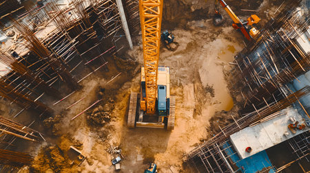 Construction site with crane, excavator, and scaffolding. design for building and development projects top view.の写真素材
