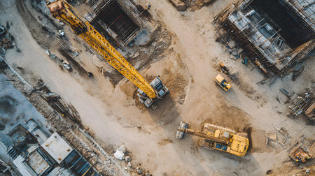 Construction site with crane, excavator, and scaffolding. design for building and development projects top view.の写真素材