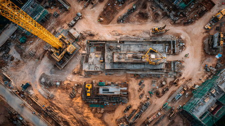 Construction site with crane, excavator, and scaffolding. design for building and development projects top view.の写真素材
