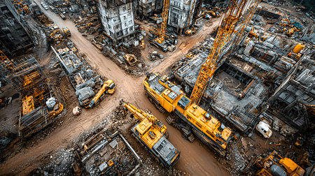 Construction site with crane, excavator, and scaffolding. design for building and development projects top view.の写真素材