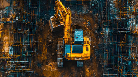 Construction site with crane, excavator, and scaffolding. design for building and development projects top view.の写真素材