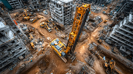 Construction site with crane, excavator, and scaffolding. design for building and development...
