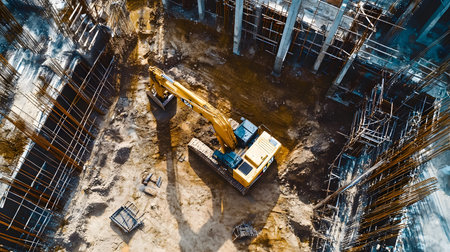 Construction site with crane, excavator, and scaffolding. design for building and development...
