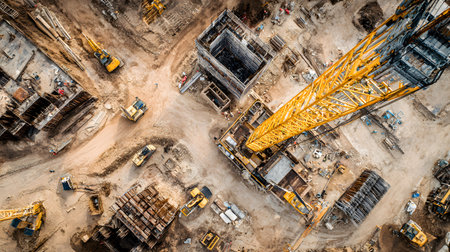 Construction site with crane, excavator, and scaffolding. design for building and development projects top view.の写真素材