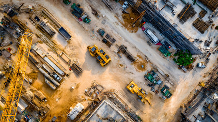 Construction site with crane, excavator, and scaffolding. design for building and development projects top view.の写真素材