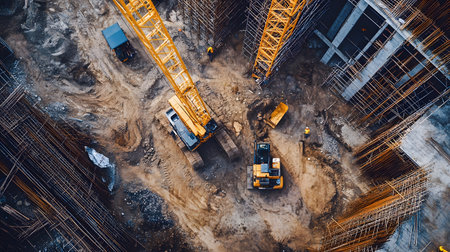 Construction site with crane, excavator, and scaffolding. design for building and development projects top view.の写真素材