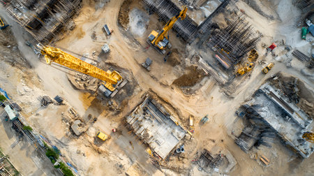 Construction site with crane, excavator, and scaffolding. design for building and development...