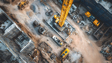 Construction site with crane, excavator, and scaffolding. design for building and development...