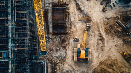Construction site with crane, excavator, and scaffolding. design for building and development projects top view.の写真素材