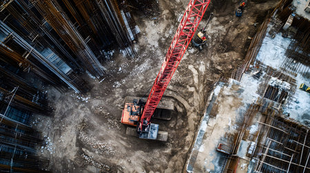 Construction site with crane, excavator, and scaffolding. design for building and development...