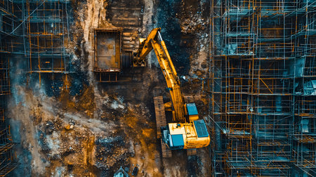 Construction site with crane, excavator, and scaffolding. design for building and development...
