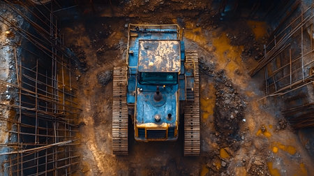 Construction site with crane, excavator, and scaffolding. design for building and development projects top view.の写真素材