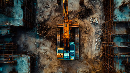 Construction site with crane, excavator, and scaffolding. design for building and development projects top view.の写真素材