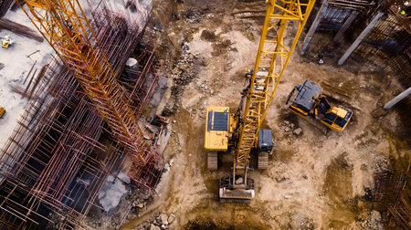Construction site with crane, excavator, and scaffolding. design for building and development projects top view.の写真素材