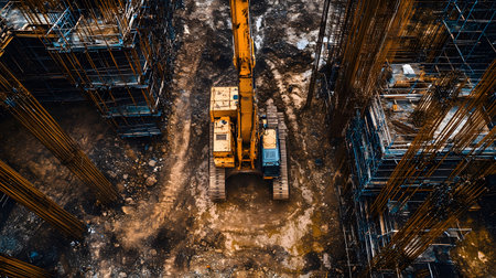 Construction site with crane, excavator, and scaffolding. design for building and development projects top view.の写真素材