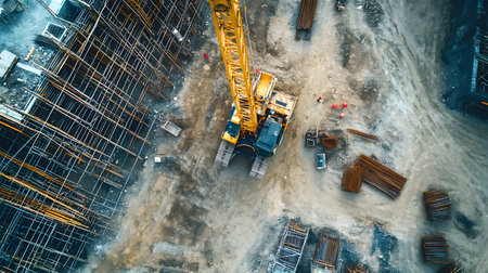 Construction site with crane, excavator, and scaffolding. design for building and development projects top view.の写真素材