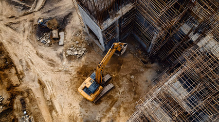 Construction site with crane, excavator, and scaffolding. design for building and development...