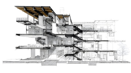 Architectural section cut showing floors, walls, stairs, and structural components. drawing for design and construction.の写真素材