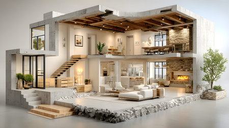 Architectural section cut showing floors, walls, stairs, and structural components. drawing for design and construction.の写真素材