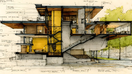 Architectural section cut showing floors, walls, stairs, and structural components. drawing for...