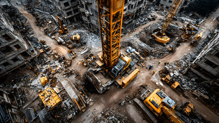 Construction site with crane, excavator, and scaffolding. design for building and development projects top view.の写真素材