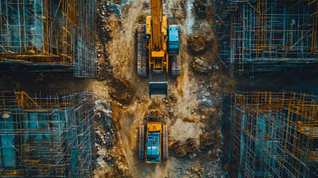 Construction site with crane, excavator, and scaffolding. design for building and development projects top view.の写真素材
