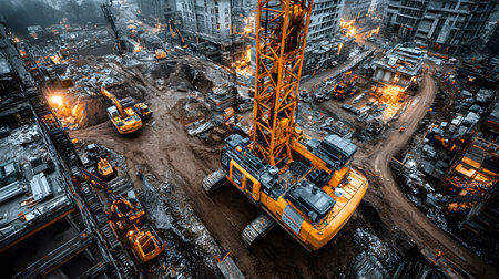 Construction site with crane, excavator, and scaffolding. design for building and development...