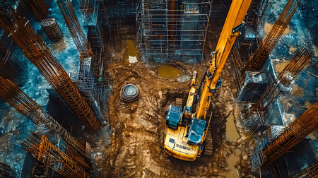 Construction site with crane, excavator, and scaffolding. design for building and development projects top view.の写真素材