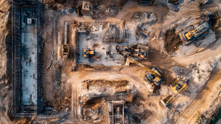 Construction site with crane, excavator, and scaffolding. design for building and development projects top view.の写真素材