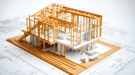Architectural section cut showing floors, walls, stairs, and structural components. drawing for design and construction.の写真素材