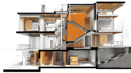 Architectural section cut showing floors, walls, stairs, and structural components. drawing for design and construction.の写真素材