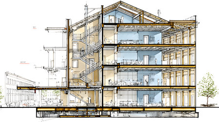Architectural section cut showing floors, walls, stairs, and structural components. drawing for design and construction.の写真素材