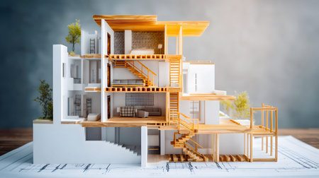 Architectural section cut showing floors, walls, stairs, and structural components. drawing for...