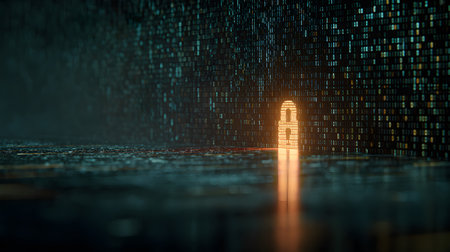 Visualization of digital cybersecurity featuring glowing lock and shield icons with a binary code background in a dark cyber environment. Ideal for IT security and tech presentations.の写真素材