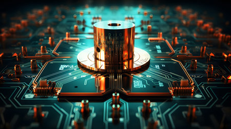 Visualization of digital cybersecurity featuring glowing lock and shield icons with a binary code...