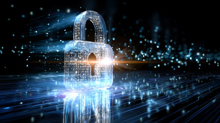 Visualization of digital cybersecurity featuring glowing lock and shield icons with a binary code background in a dark cyber environment. Ideal for IT security and tech presentations.の写真素材