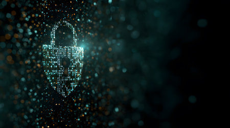 Visualization of digital cybersecurity featuring glowing lock and shield icons with a binary code background in a dark cyber environment. Ideal for IT security and tech presentations.の写真素材