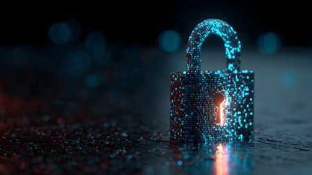Visualization of digital cybersecurity featuring glowing lock and shield icons with a binary code background in a dark cyber environment. Ideal for IT security and tech presentations.の写真素材