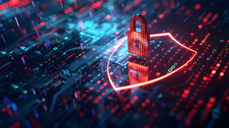 Visualization of digital cybersecurity featuring glowing lock and shield icons with a binary code background in a dark cyber environment. Ideal for IT security and tech presentations.の写真素材