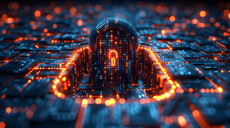 Visualization of digital cybersecurity featuring glowing lock and shield icons with a binary code...