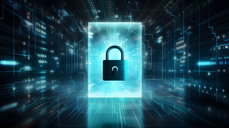 Visualization of digital cybersecurity featuring glowing lock and shield icons with a binary code background in a dark cyber environment. Ideal for IT security and tech presentations.の写真素材